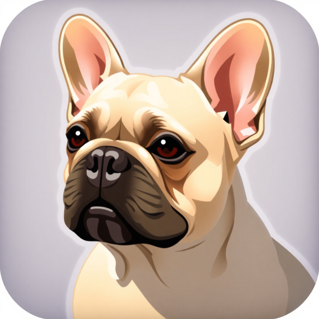 The image is a digital illustration of a French Bulldog's face. The dog is facing towards the left side of the image, with its head turned slightly to the right. Its ears are large and pointed, and its eyes are a deep red color. Its nose is black and its mouth is slightly open, as if it is looking directly at the viewer. The background is a light grey color, and the dog's fur is a pale beige color. The overall style of the illustration is cartoon-like and playful.