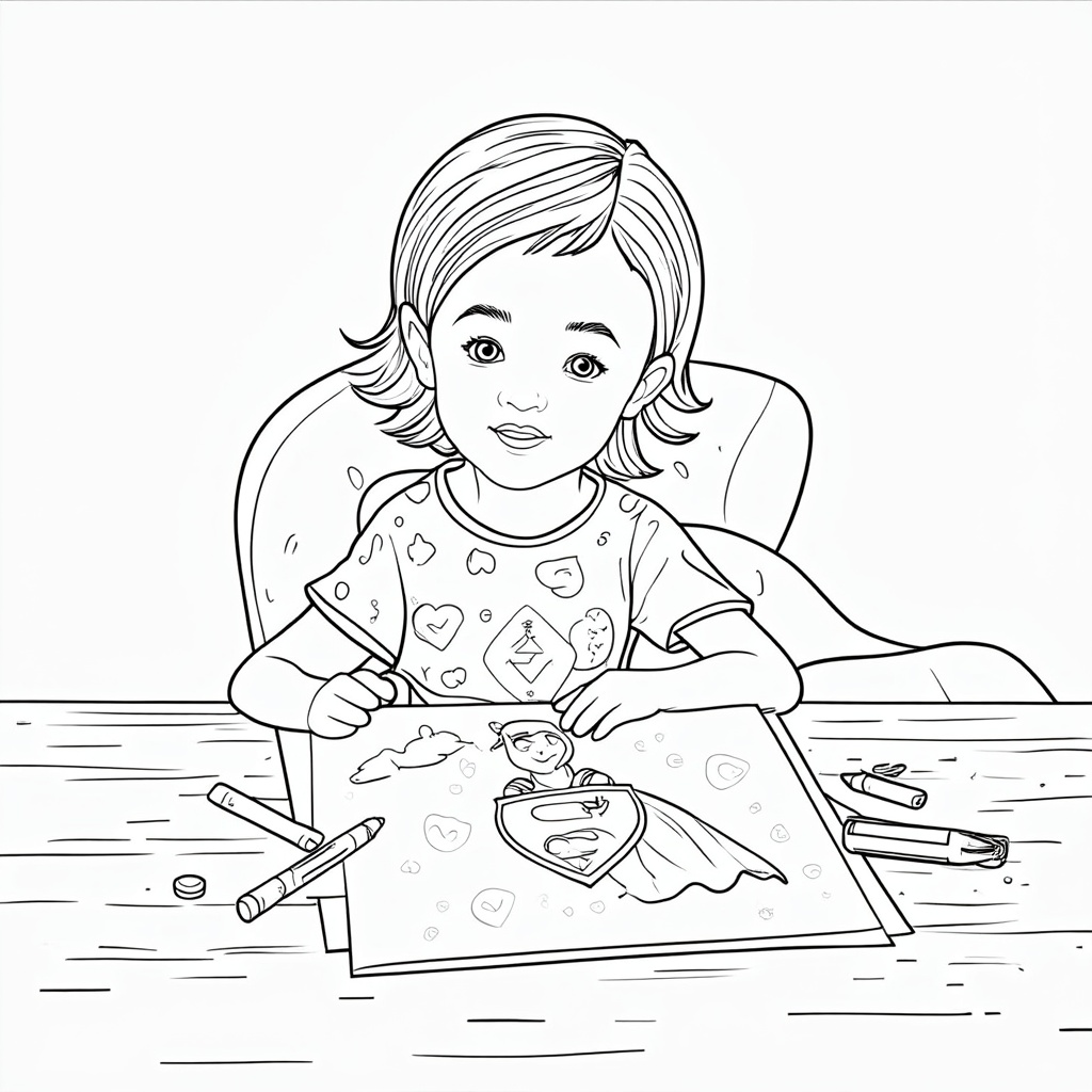 A child sits at a table, focused, sketching their superhero onto a large piece of paper. Half-finished drawing elements like a cape or symbol are visible. Crayons are scattered around.