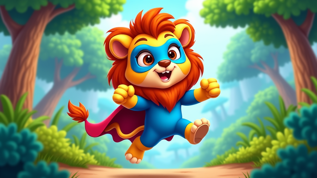 A cute, rounded lion wearing a mask and a bright blue suit, jumping into action with a determined expression.