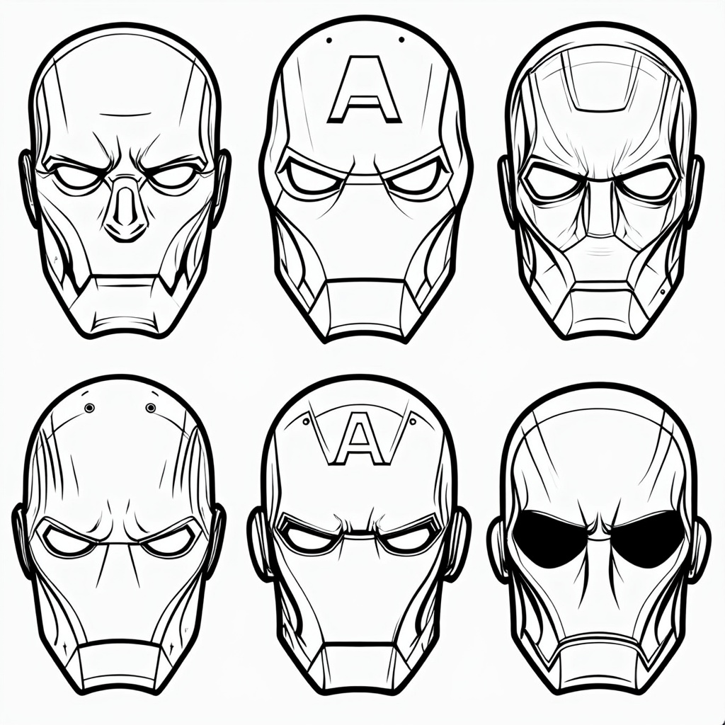 Coloring pages featuring a close-up selection of famous superhero masks (domino, cowl, helmet styles) with bold outlines.
