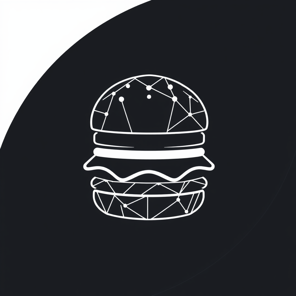 Design a logo where the burger is formed from a series of intersecting lines and shapes, creating a kind of wireframe style that highlights the construction of the burger. It has a high-tech edge.