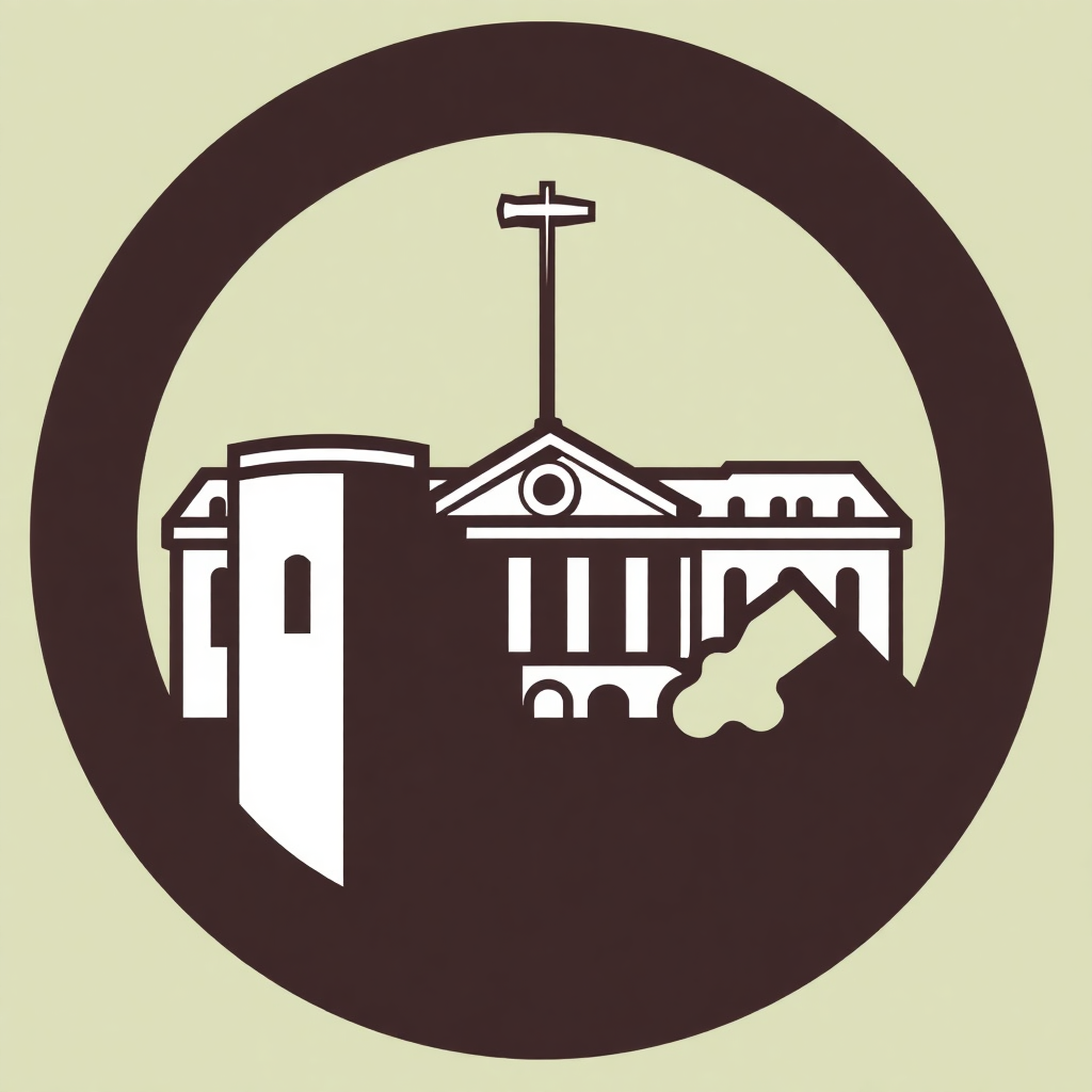 The image is a circular illustration of a church. The church is a two-story building with a steeple and a cross on top. The building has a large dome on the front and a smaller tower on the left side. The roof is arched and there is a small window on the right side of the building. The background is a light beige color. The image is in a dark brown color and is in the shape of a circle.