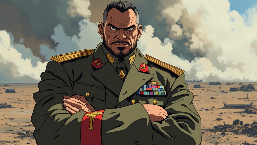 The image is an illustration of a man in a military uniform standing in a desert-like landscape. The man is wearing a green coat with gold epaulettes and a red cross on his chest. He has a serious expression on his face and his arms are crossed in front of him. The sky is cloudy and there are a few rocks and debris scattered around the ground. The overall mood of the image is tense and ominous.