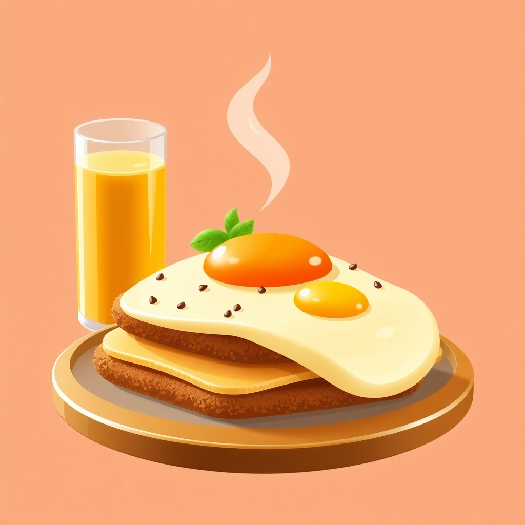 The image is an illustration of a breakfast meal. On the left side of the image, there is a glass of orange juice. Next to the glass, there are two slices of toast with a fried egg on top. The toast is golden brown and appears to be freshly cooked. The egg is cooked sunny-side up and has a green leaf on top, indicating that it is fresh and sunny. There is a wisp of steam rising from the egg, suggesting that the meal is ready to be enjoyed. The background is a light peach color.