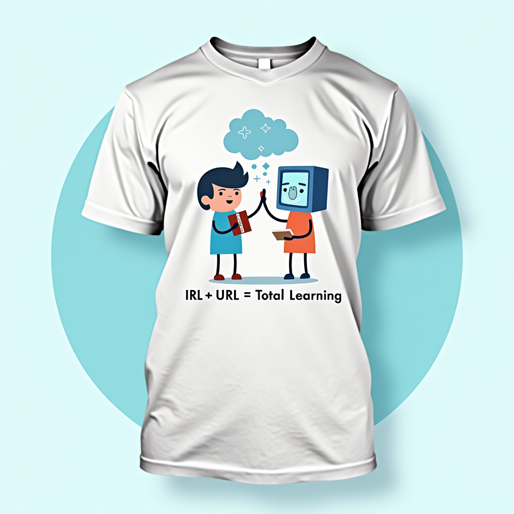 Character Fusion: Two stylized minimalist characters or icons, one representing 'In Real Life' (e.g., holding a book) and one representing 'Uniform Resource Locator' (e.g., interacting with a screen/cloud), high-fiving or joined by a 'plus' sign. Text 'IRL + URL = Total Learning'.