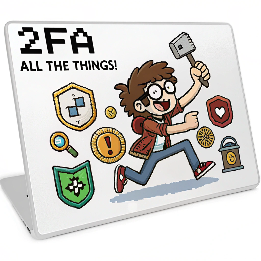 A pixel art design featuring the 'All The Things!' rage comic character enthusiastically applying 2FA tokens (pixelated keys/shields) to various digital item icons, with '2FA All The Things!' in a classic 8-bit font.