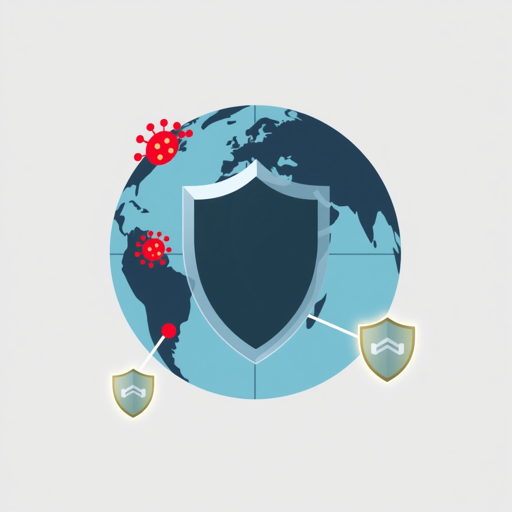 Stylized globe with distinct threat markers (e.g., red dots, abstract virus shapes) on its surface. Protection is shown by a semi-transparent shield encompassing the globe, or by smaller shield icons placed at key locations, interconnected with glowing lines representing a fortified network.
