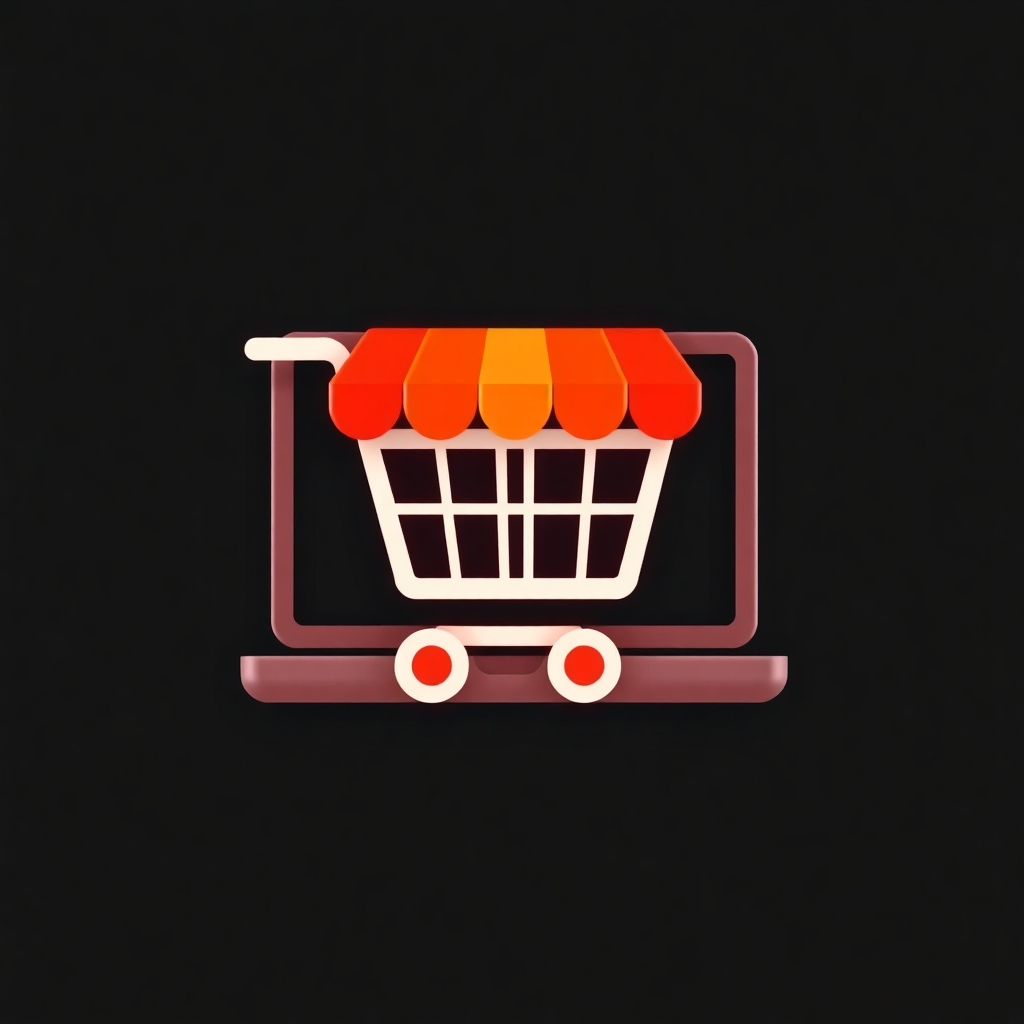 The image is a digital illustration of a shopping cart with an orange awning on top. The cart is in the center of the image and is placed on a black background. It has a rectangular shape with a handle on the left side and two red wheels at the bottom. The wheels are slightly curved and appear to be made of metal. The overall design is simple and minimalistic.