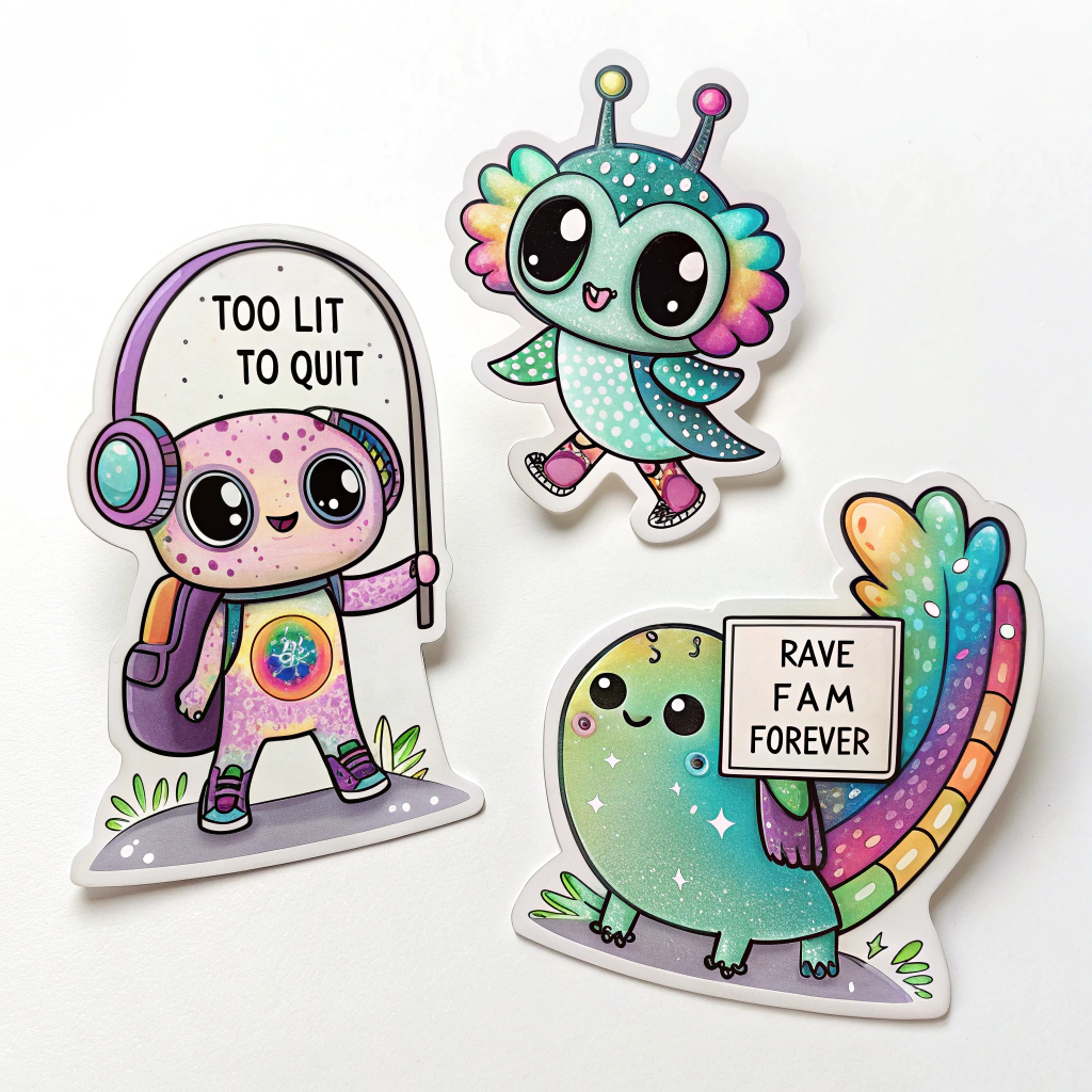 Holographic Totem Critters & Quotes: Stickers featuring cute, Chibi-style rave critters (e.g., a tiny owl wearing headphones, a dancing alien, a psychedelic caterpillar) holding small signs with funny or uplifting rave quotes like 'Too Lit to Quit' or 'Rave Fam Forever.' Printed on holographic material for an eye-catching effect.