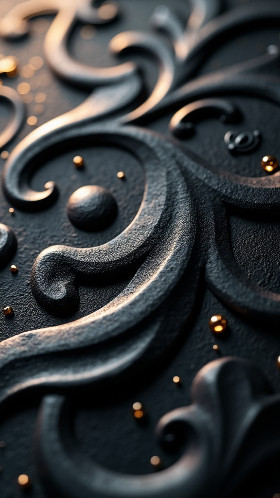 The image shows a close up of a black metal door with intricate designs on it. The door is made of metal and has a glossy finish, giving it a sleek and modern look. The designs on the door are intricate and detailed, with swirls and curves that create a unique pattern.