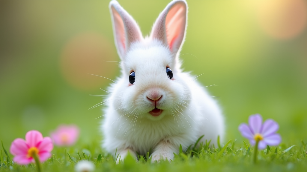 The image is a close-up of a white rabbit sitting on a bed of green grass. The rabbit has long, fluffy ears and is looking directly at the camera with a curious expression. Its eyes are wide open and its mouth is slightly open, as if it is about to say something. The background is blurred, but it appears to be a garden or park with pink and purple flowers scattered around. The overall mood of the image is peaceful and serene.