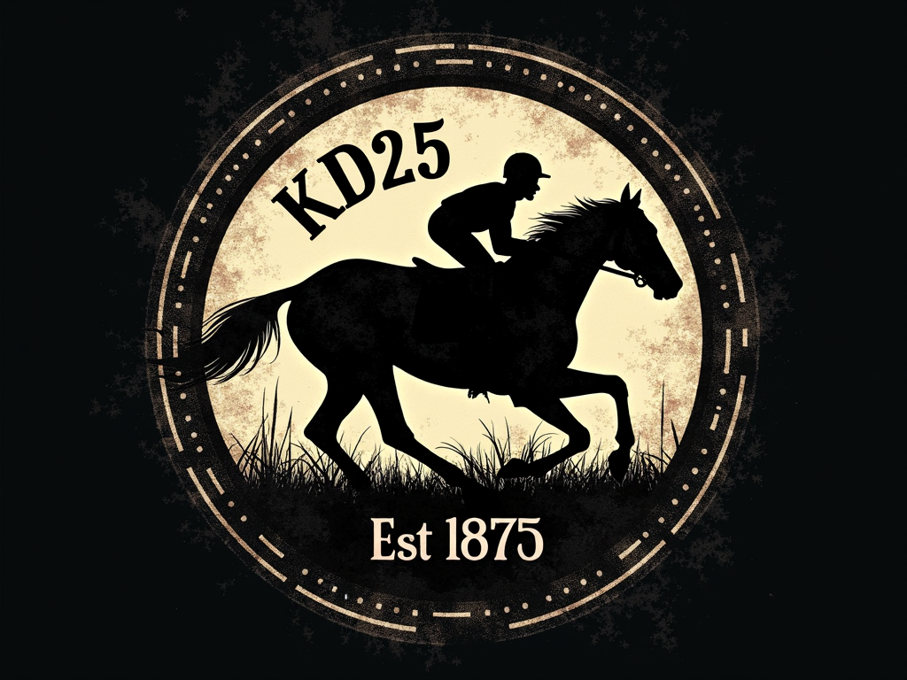 Simple T-Shirt Logo Idea: A stylized, distressed circular badge featuring a single racing thoroughbred silhouette, with 'KD25' and 'Est. 1875' integrated in a vintage sans-serif font.