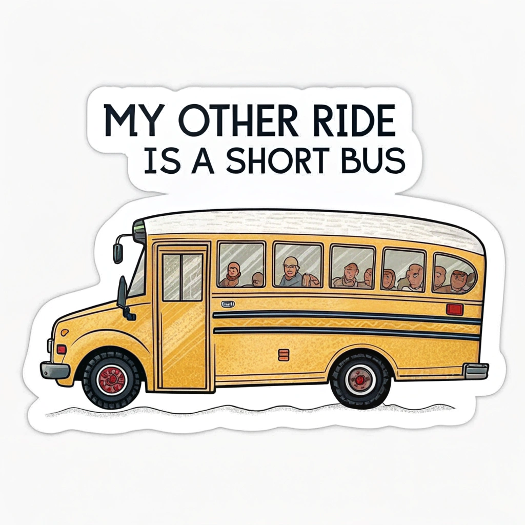 Design option 3: 'My other ride is a short bus' with a small yellow school bus.