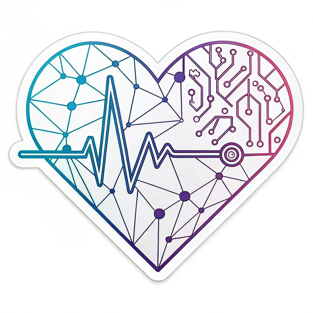 Simple icon idea: A sharp-angled heart emblem formed from interconnected geometric lines, resembling a circuit, with a distinct EKG-style 'pulse' line emanating from its side. Colors: Neon blue, electric purple on a dark background.