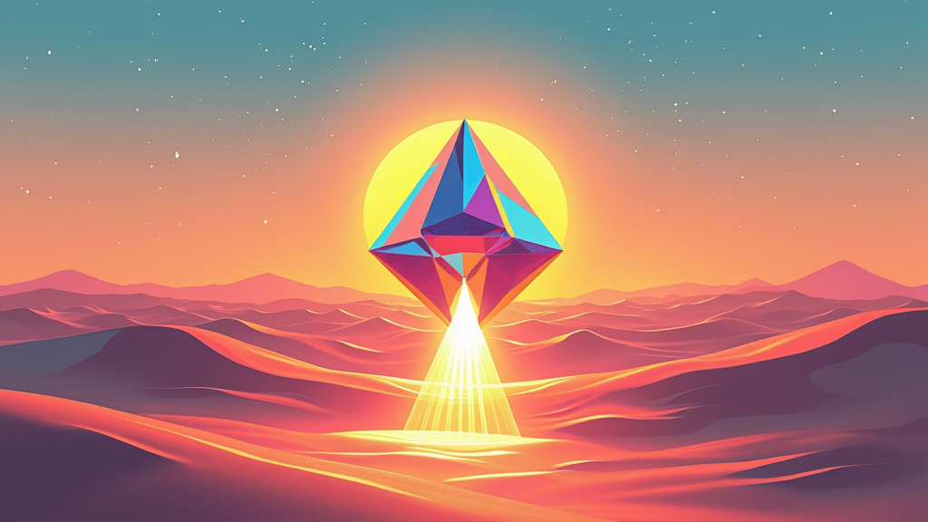 Playa Prism: A central, highly abstracted prismatic or crystalline geometric form (reminiscent of 'The Man') refracting geometric beams of light representing sun or moonlight across a minimal desert horizon.