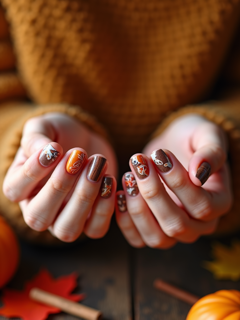 Energetic Thanksgiving nails with hand-painted, swirling clouds of cinnamon and cloves, celebrating aromatic spices of the season.