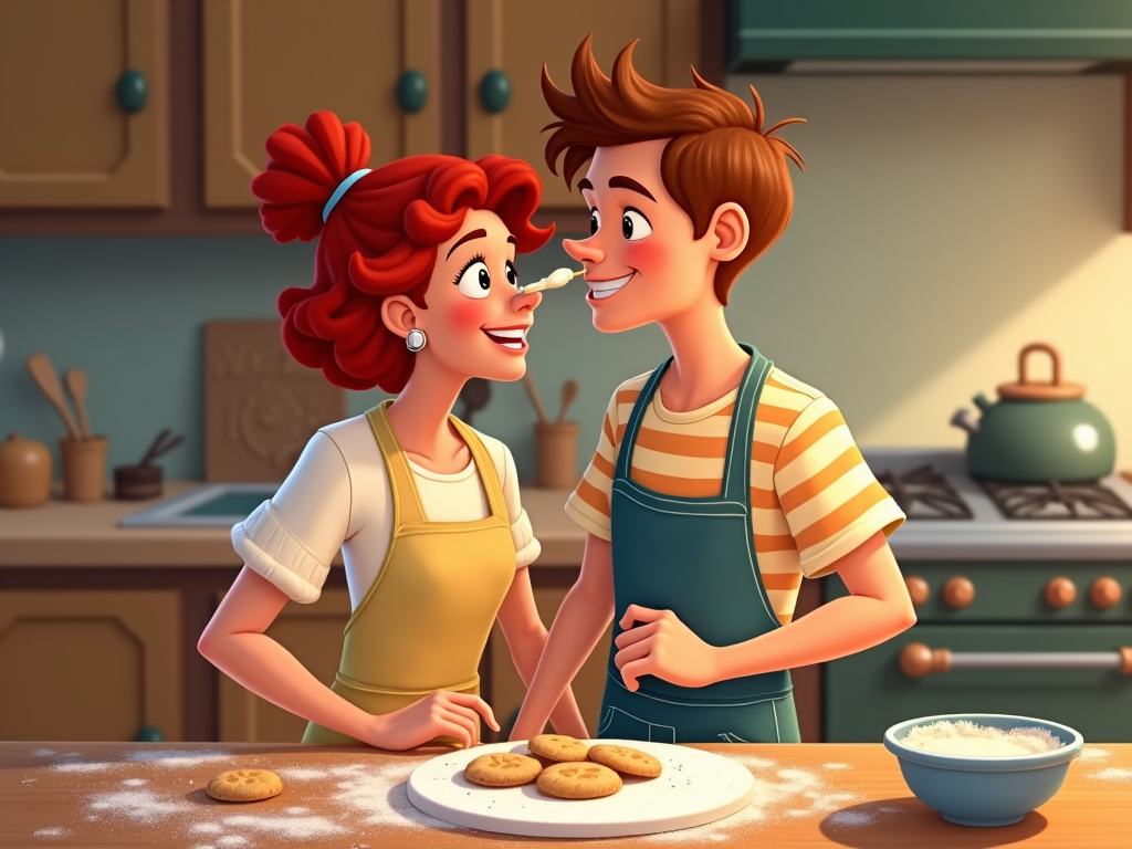 A cartoon couple baking cookies in a cozy kitchen, with flour scattered on the countertop and one partner playfully swiping icing on the other's nose.