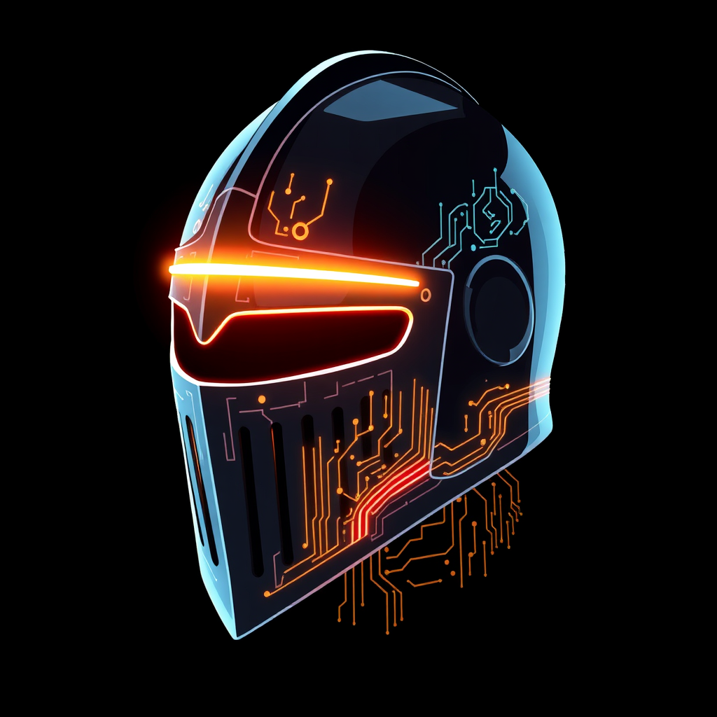 Helmet & Circuits: A sleek knight's helmet silhouette with glowing circuit board patterns etched onto its surface and a bright, digital line for the visor, emphasizing advanced protection.