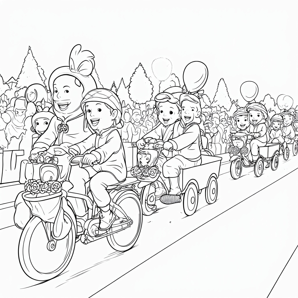 Children on decorated bicycles, scooters, and wagons, showcasing their creativity with streamers, balloons, and paper roses attached to their rides. Show a portion of the parade route with cheering onlookers (simplified shapes) in the distance.