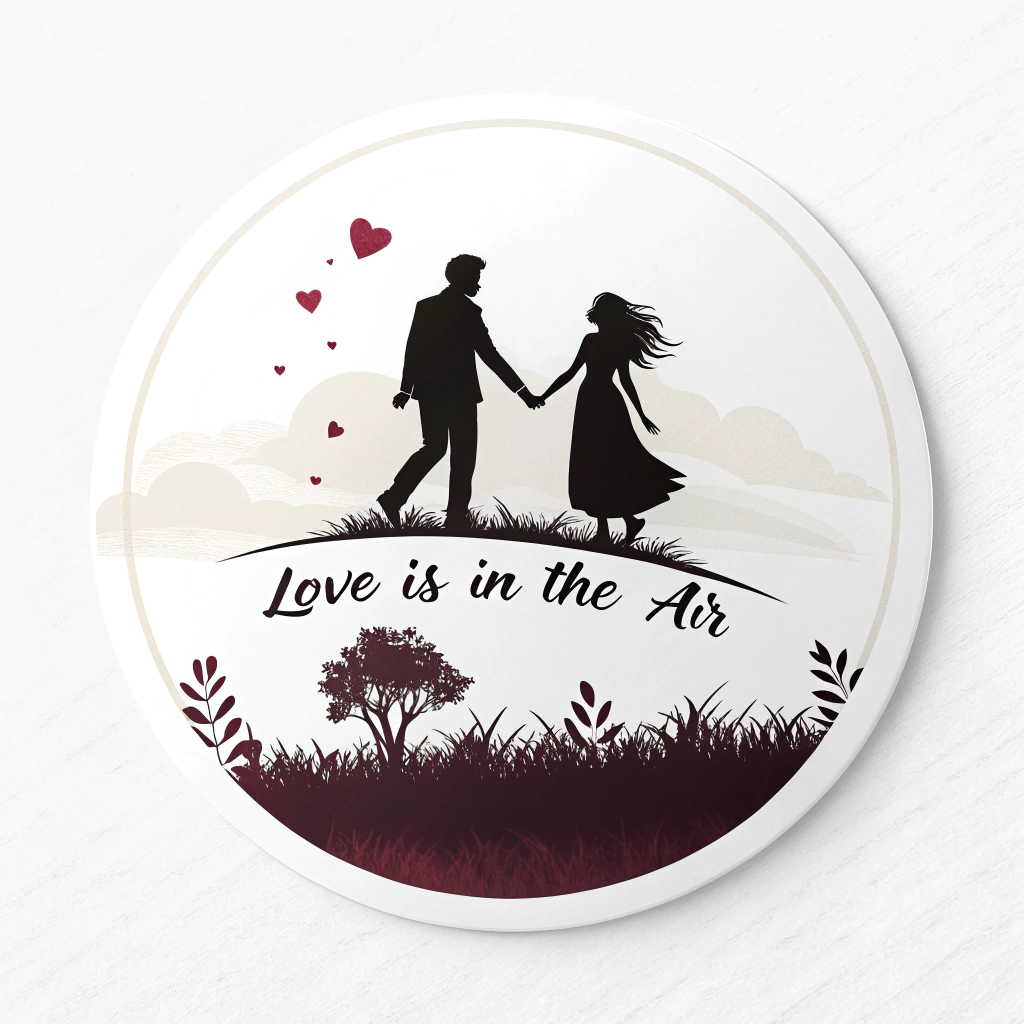 A circular sticker with a silhouette of a couple holding hands and the phrase 'Love is in the Air' in a delicate calligraphy font.