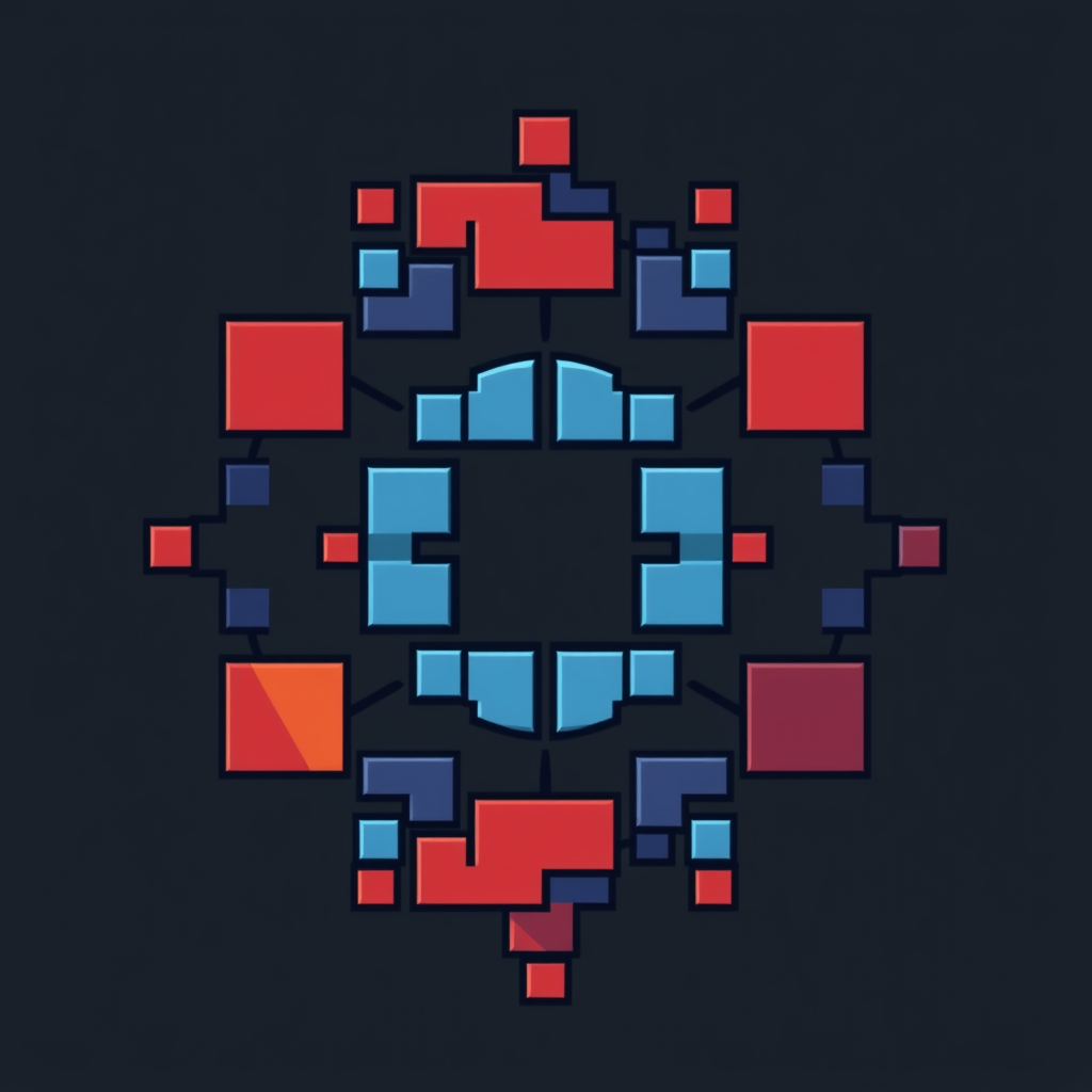 Pixelated Unity Grid: Elements reminiscent of pixels or minimalist code blocks (squares, rectangles) in Microsoft's brand palette, coming together to form a larger, unified, and interconnected geometric shape or pattern, symbolizing collective building.