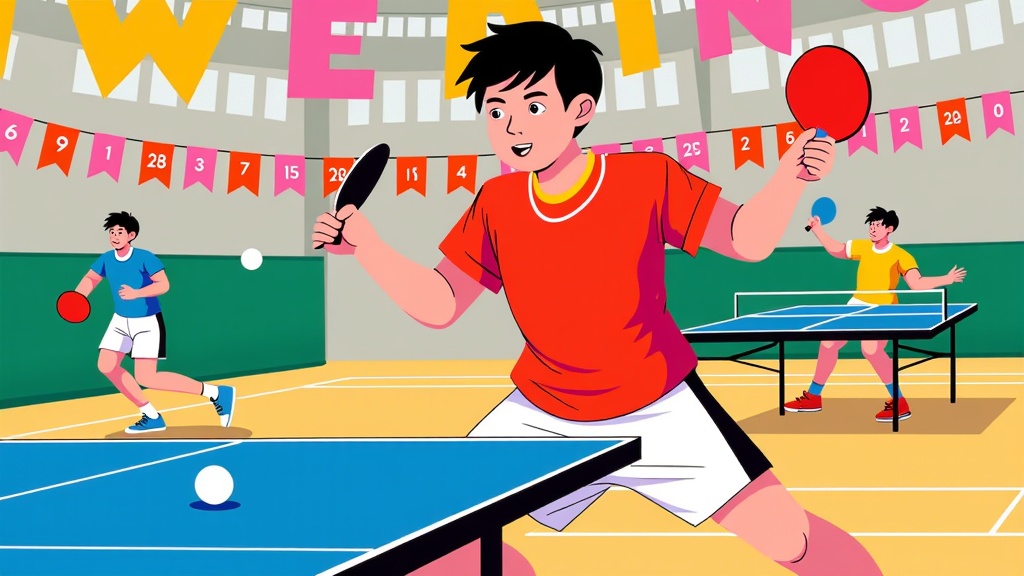  three young men playing table tennis in a gymnasium. The man in the center is wearing a red t-shirt and white shorts and is holding a red ping pong paddle in his right hand. He is in the middle of a shot, with his left arm extended forward and his right arm bent at the elbow. The other two men are on either side of him, also holding ping-pong paddles. The table tennis table is blue and there is a white ball on the floor. The background shows a green wall with colorful pennants hanging from it. The word WEAR is written in pink and yellow letters at the top of the image.