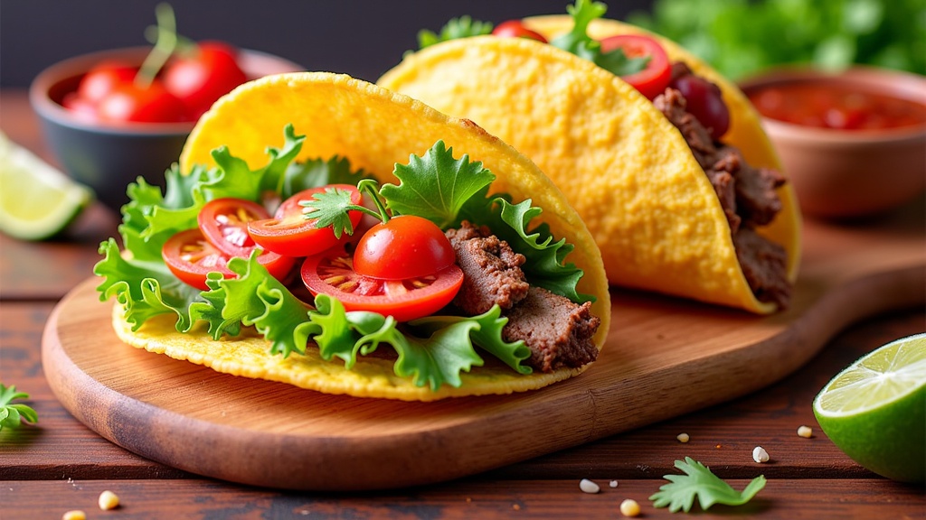  two tacos on a wooden cutting board. The tacos are made with a yellow tortilla shell and are filled with ground beef, lettuce, and cherry tomatoes. There are also two small bowls of salsa and a lime wedge on the cutting board, as well as a sprig of cilantro. The background is blurred, but it appears to be a rustic wooden table. The overall color scheme of the image is warm and inviting.