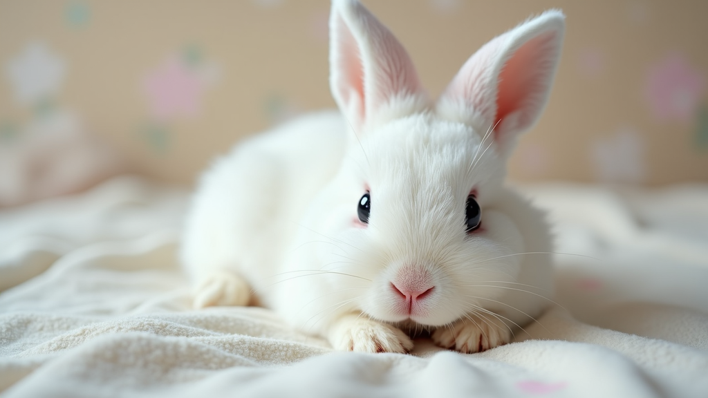 The image is a close-up of a white rabbit lying on a white blanket. The rabbit has long, pointed ears and is looking directly at the camera with a curious expression. Its fur is soft and fluffy, and its eyes are dark and alert. The background is blurred, but it appears to be a bedroom with a floral wallpaper. The overall mood of the image is peaceful and serene.