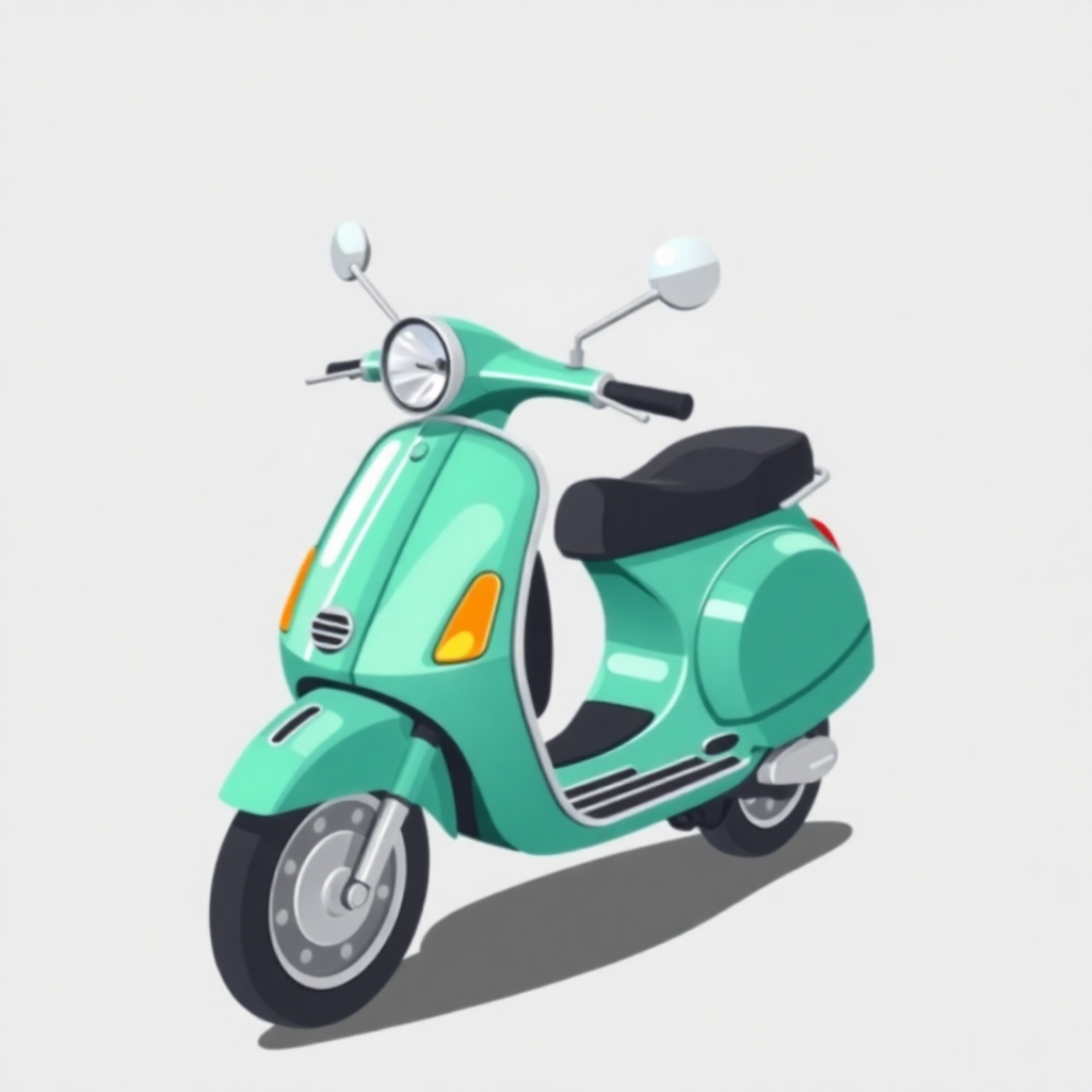 The image is a digital illustration of a green scooter. The scooter has a round headlight and two side mirrors on either side. The body of the scooter is a light green color with a black seat and handlebars. The front wheel is black with silver rims. The background is white. The overall design is simple and minimalistic.