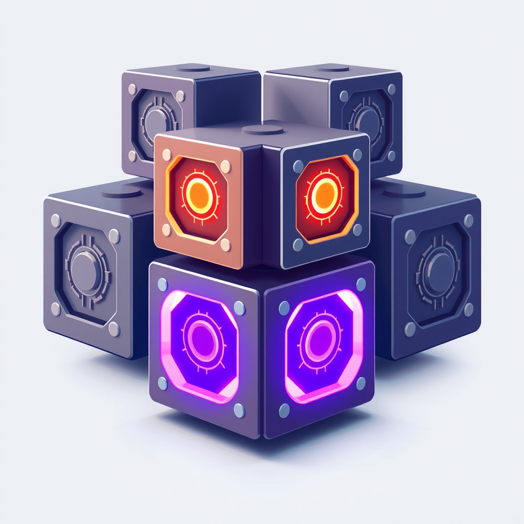 Intelligent Building Blocks: Geometric modules, symbolizing construction or code, each feature subtle AI motifs (embedded circuitry, glowing cores). These blocks combine to form a larger, cohesive intelligent architectural entity.