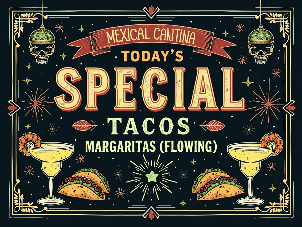 T-Shirt Design Idea 4: 'Retro Cinco Cantina Menu'. Design mimics a vintage, distressed chalkboard menu from a Mexican cantina. Lists 'Today's Specials: Tacos (Endless), Margaritas (Flowing)' with retro fonts and simple line art of the food and drink.