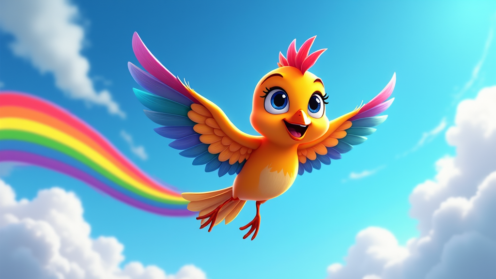 A stylized illustration that shows a rainbow bird in mid-flight, with rainbow trails following it, depicting the dynamic and colorful nature of this unique creature.