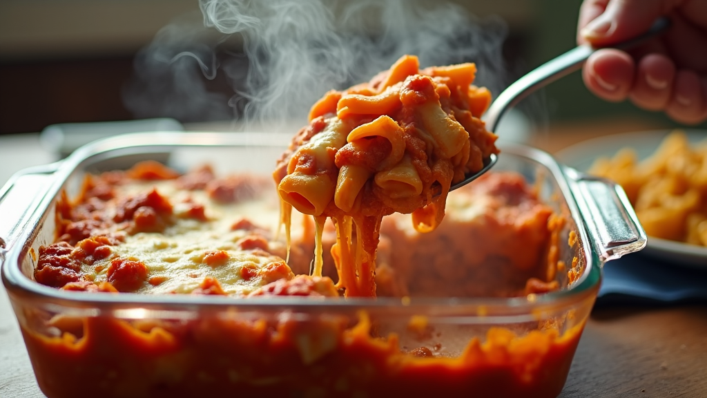 Baked ziti being served from a glass baking dish, with steam rising from the hot, cheesy, and comforting layers of pasta and sauce, a large silver serving spoon digging into the hearty delight.