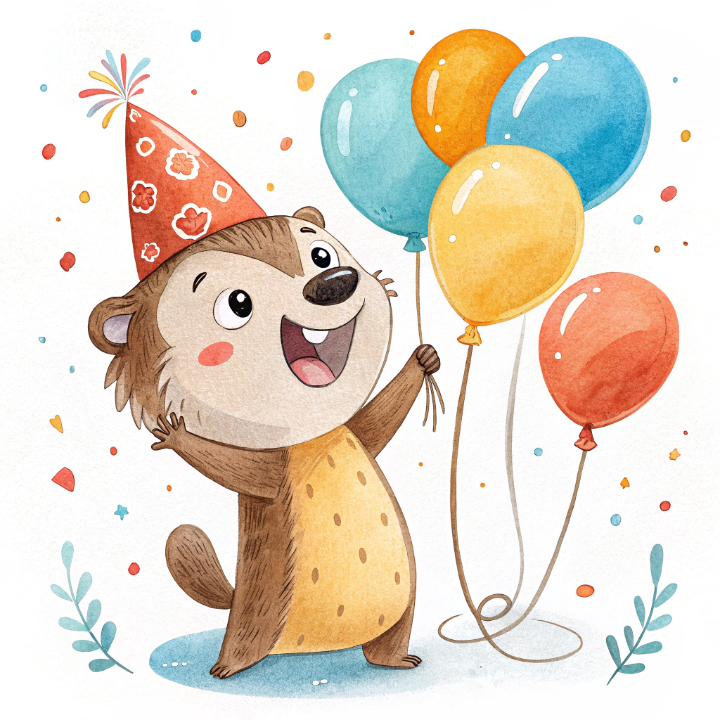 A sticker with a cartoon animal wearing a party hat and surrounded by balloons.