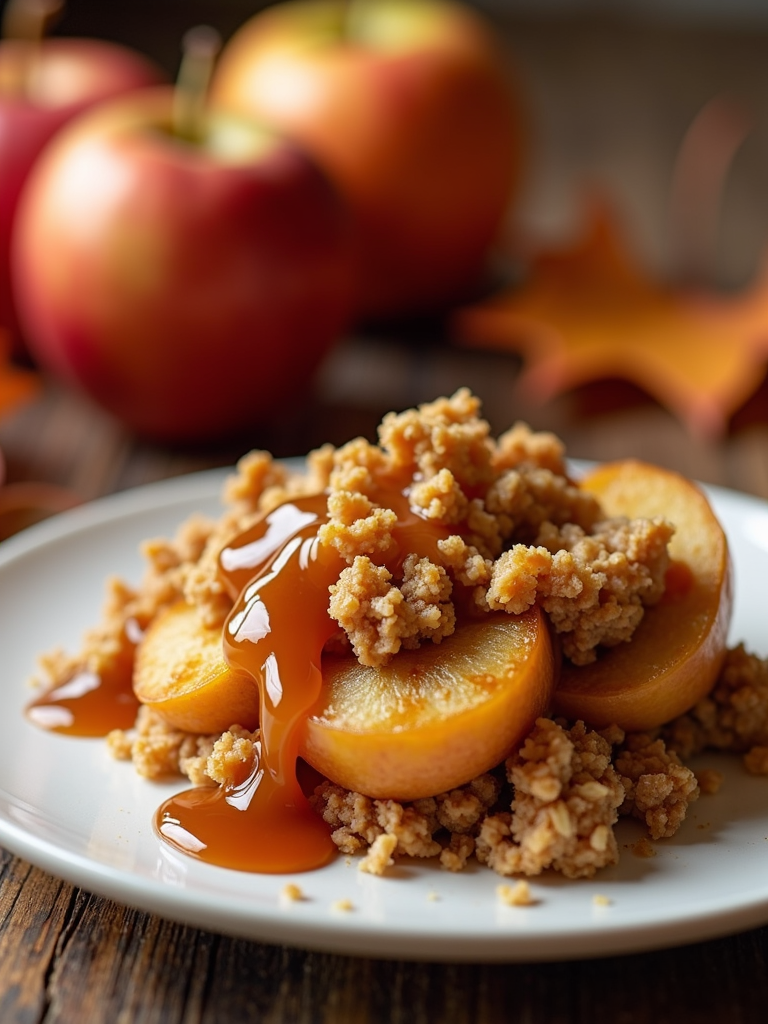 A baked apple slice crisp or cobbler with caramel as the primary sweetener instead of sugar.