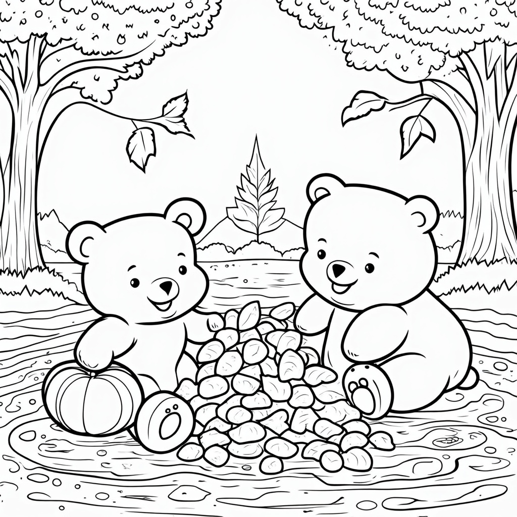 Fall: Gummy bears playing in a pile of gummy autumn leaves, with a background of gummy trees changing color and a gummy bear holding a pumpkin.