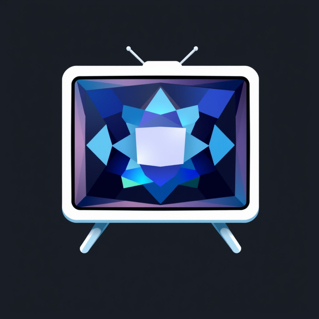 Sub-design Idea 3: 'Refractive Screen Avatar' - An icon showing a classic TV shape, but the 'screen' is a multifaceted, abstract gem-like surface. Each facet reflects a different color or subtle pattern, symbolizing diverse content preferences, with the overall combination personalized by AI.