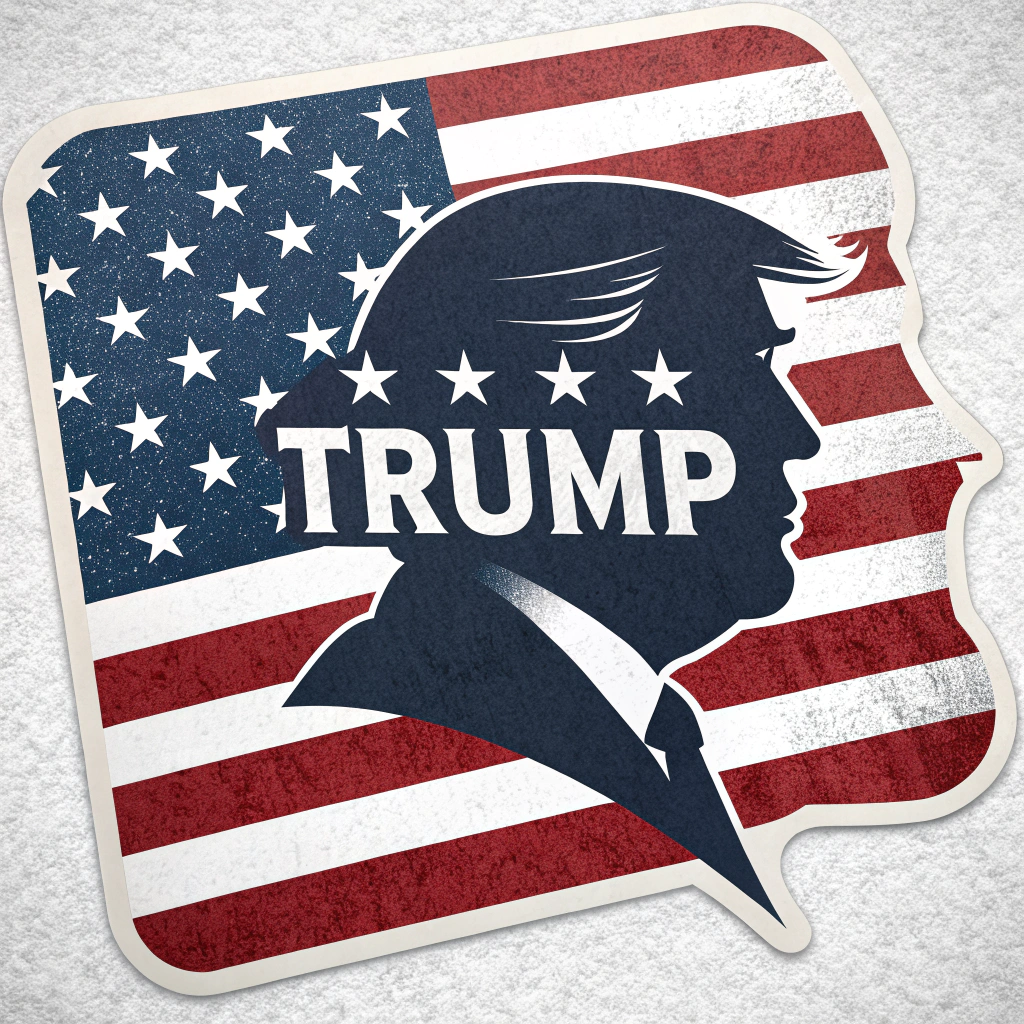 A sticker design that incorporates an American flag background with a silhouette of Trump's head and the slogan overlayed in white.