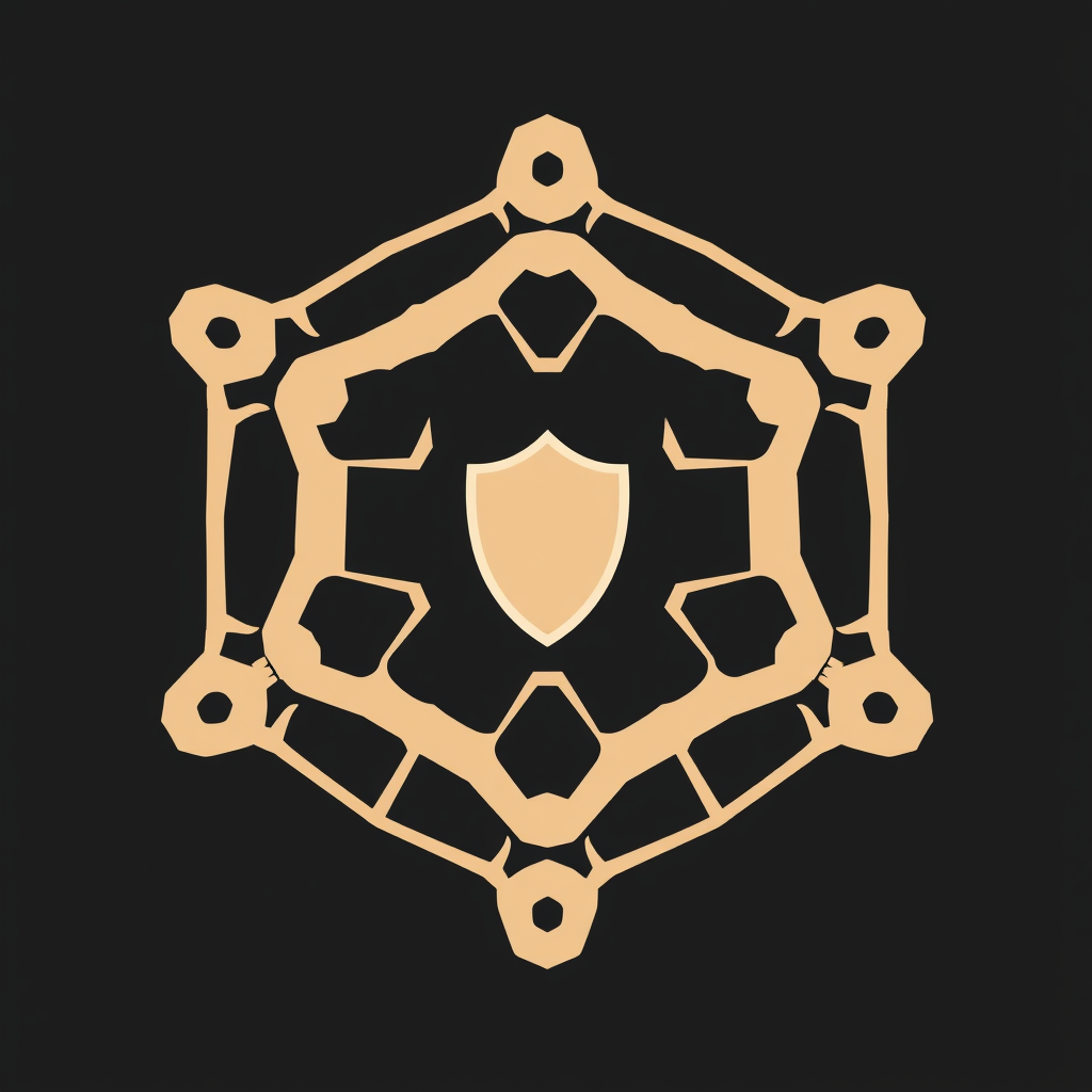 Design Idea 1: Geometric Fortress - A cluster of interconnected hexagonal nodes forming a compact, strong geometric shape. A minimalist shield is integrated into the central node or formed by the negative space between nodes.