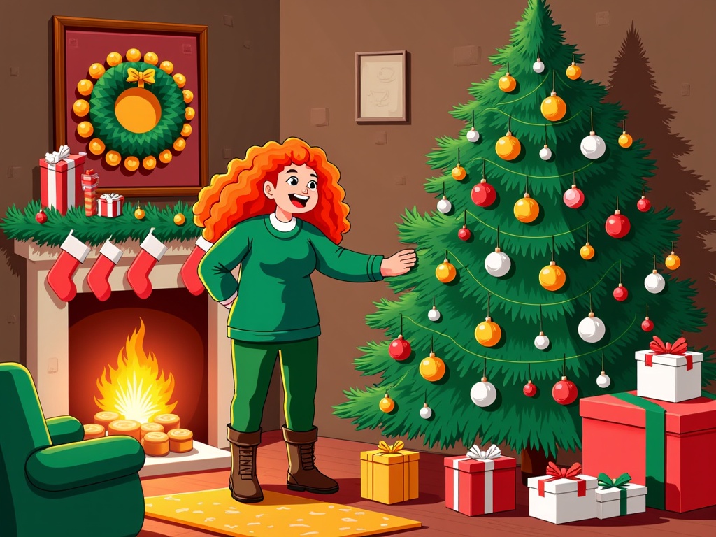  a young girl with curly red hair standing in front of a Christmas tree in a living room. She is wearing a green sweater, green pants, and brown boots. The tree is decorated with colorful ornaments, lights, and a star on top. There are several gift boxes scattered around the tree, including a red gift box and a green armchair. On the left side of the image, there is a fireplace with stockings hanging above it and a wreath hanging on the wall. The room is decorated for the holiday season.