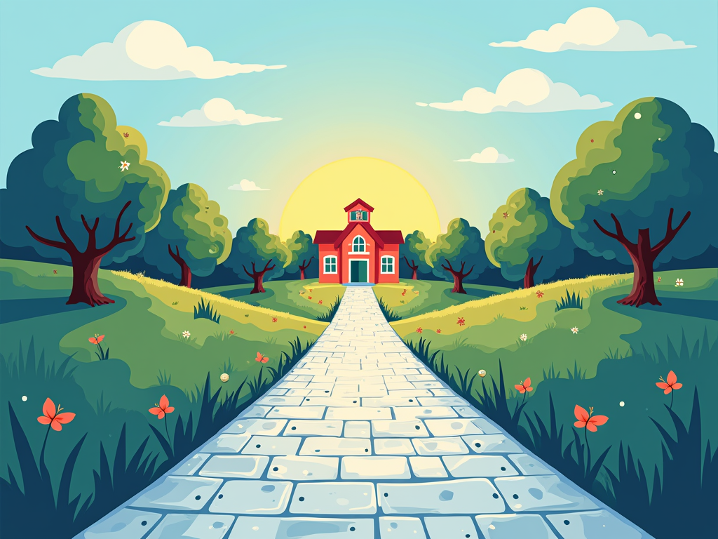An illustration of a pathway or road morphing from a digital pixelated pattern into a solid path leading towards a school icon, symbolizing the journey between remote and in-person learning.