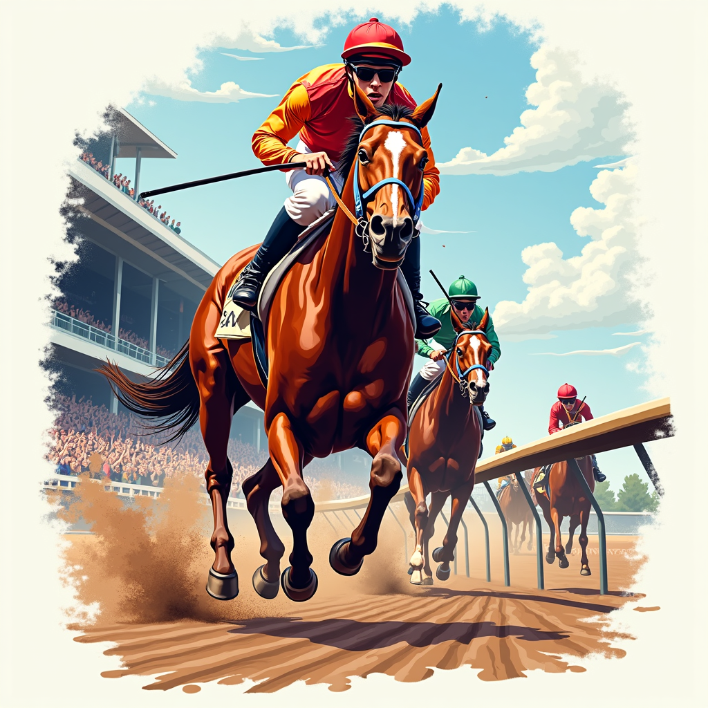 Design Idea 2: 'Dynamic Finish Line Illustration Tee' - An energetic, artistic illustration capturing the winning thoroughbred and jockey at the moment of victory crossing the finish line, with the horse's determined expression as the portrait focus. Typography: 'Kentucky Derby 2025 Victor!' integrated with motion lines or as part of a stylized finish line banner.