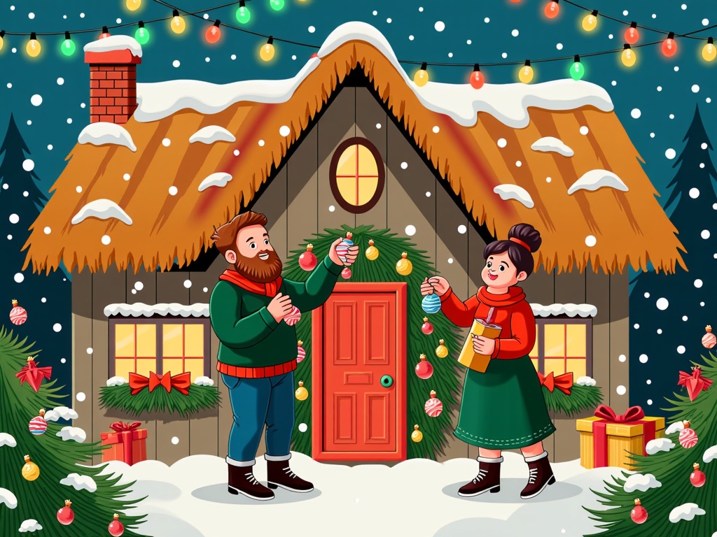  a man and a woman standing in front of a small house with a thatched roof covered in snow. The house is decorated with Christmas lights and garlands, and there are two Christmas trees on either side of the house. The man is holding a wreath and the woman is holding an ornament. They are both smiling and appear to be happy. The background is a snowy landscape with trees and presents scattered around. The overall mood of the image is festive and cheerful.