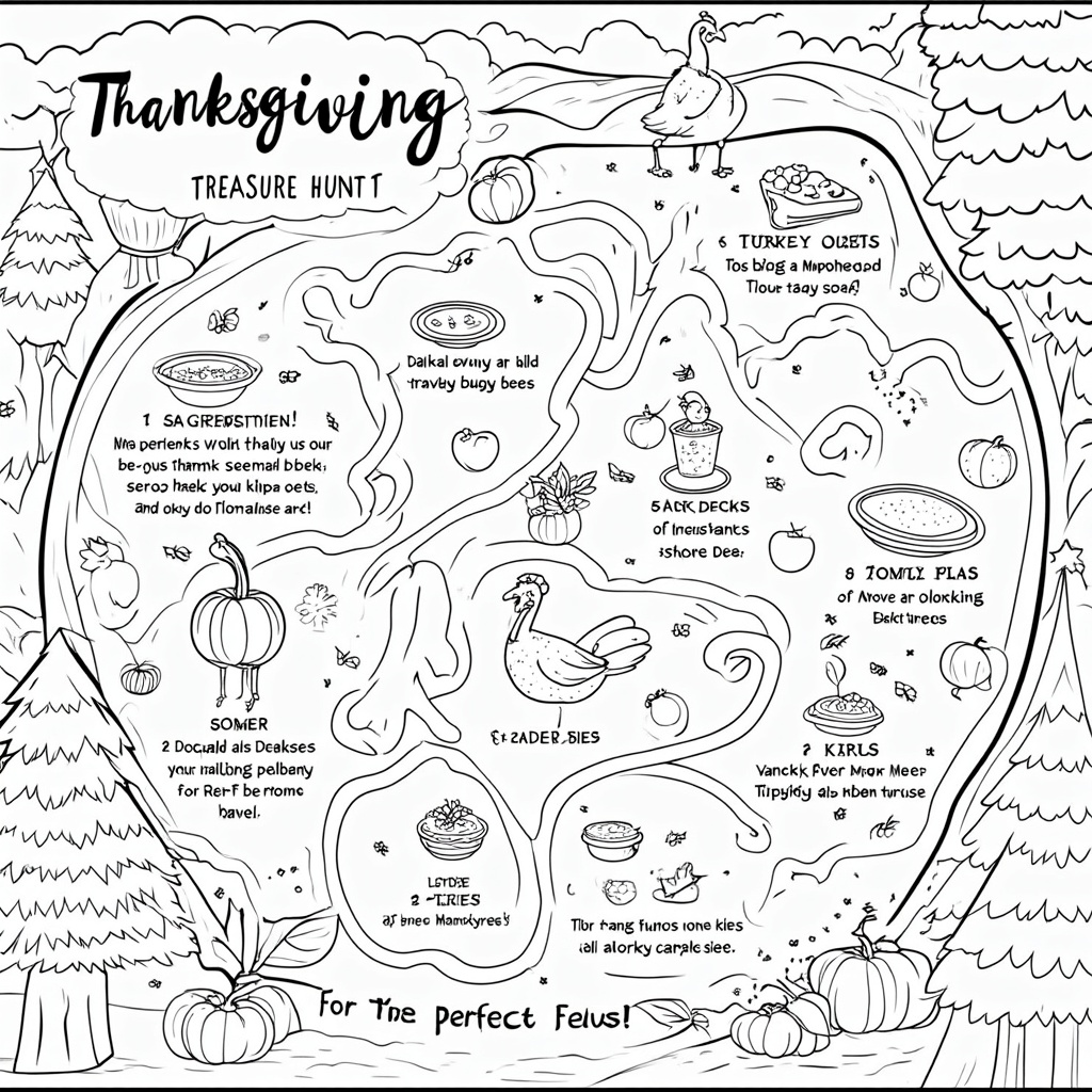 A fun, interactive coloring page showing a map-like treasure hunt for Thanksgiving ingredients, featuring turkeys, pumpkins, and pies as markers on the quest for the perfect feast.