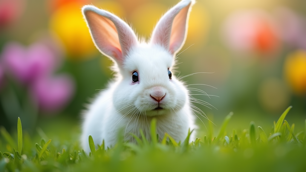 The image is a close-up of a white rabbit sitting in a field of green grass. The rabbit is looking directly at the camera with its ears perked up and its eyes wide open. The background is blurred, but it appears to be a garden with colorful flowers and greenery. The overall mood of the image is peaceful and serene.