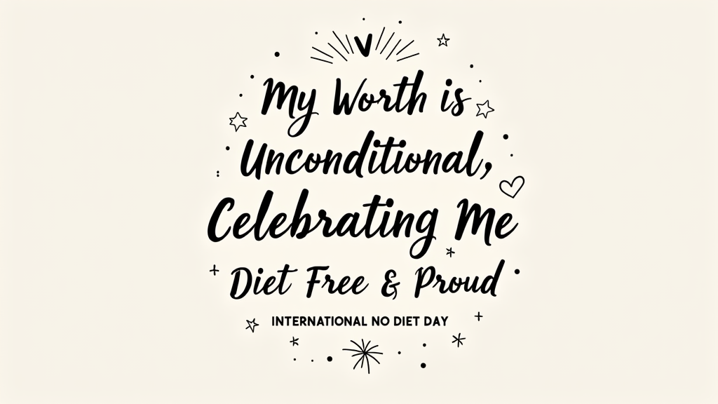 T-Shirt Design Idea 5: 'Radiate Self-Love Affirmation'. Focuses on a powerful, uplifting affirmation in an elegant, handwritten, or bold sans-serif font. Example: 'My Worth is Unconditional. Celebrating Me, Diet-Free & Proud.' Subtext: 'International No Diet Day.' Minimal graphics, perhaps subtle radiating lines, stars, or a simple heart to emphasize inner glow and positivity.