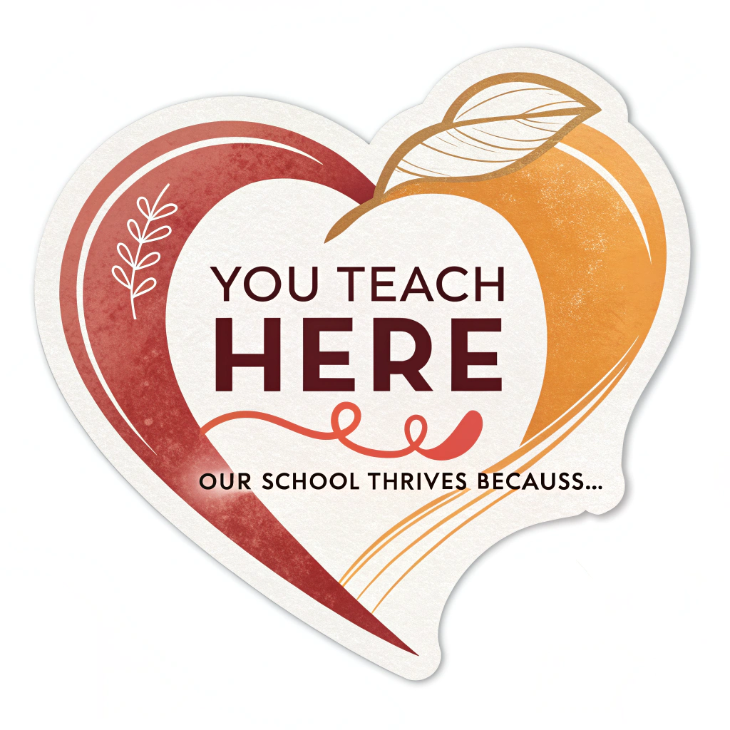 A design centered on a prominent, warm-colored heart, with the phrase 'You Teach Here' emphasized within or across it. The text 'Our School Thrives Because...' acts as supporting text, highlighting the emotional impact of teachers.