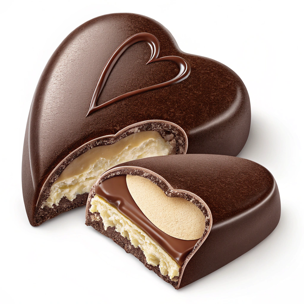 A heart-shaped chocolate with a bite taken out, revealing a creamy filling.