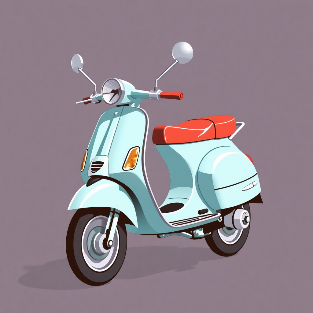 The image is a digital illustration of a light blue scooter with a red seat. The scooter has a round headlight and two round mirrors on the front. The handlebars are curved and the seat is upholstered in a red fabric. The wheels are silver and the scooter appears to be in good condition. The background is a plain grey color.