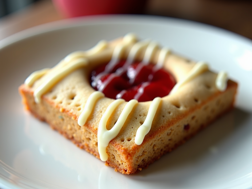 A square-shaped cookie with a swirl of strawberry jam in the center, topped with a white chocolate drizzle.